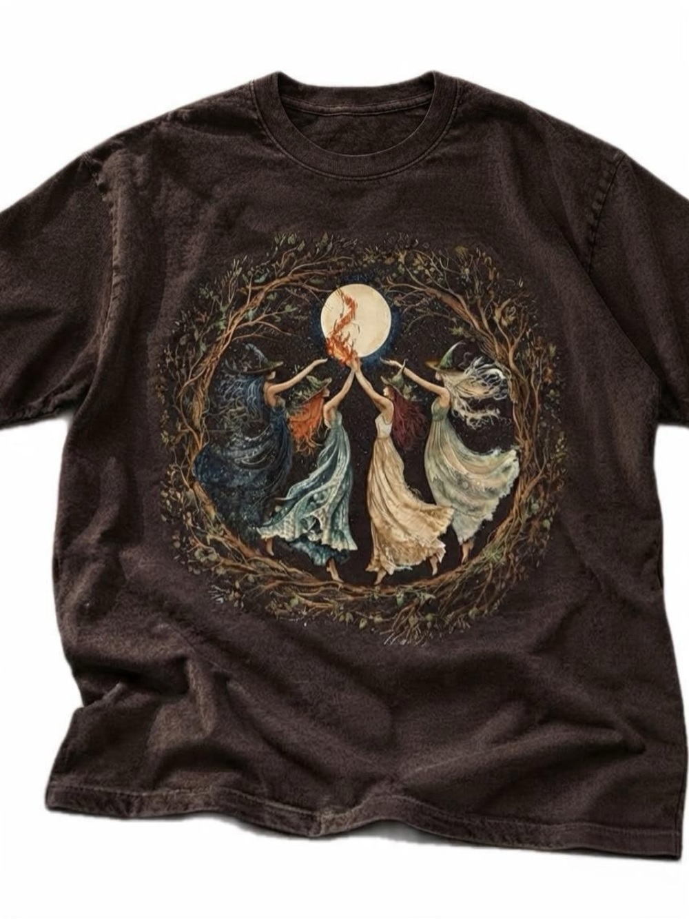 Witch Circle Moon Dance Gildan Brown Tee Graphic